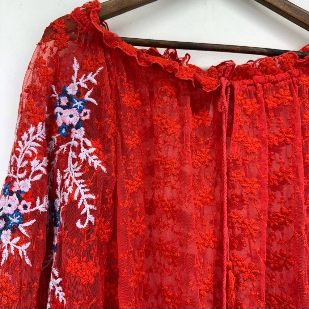 Free People size Large Women's Red Jubilee Floral Embroidered Sheer Lace Top